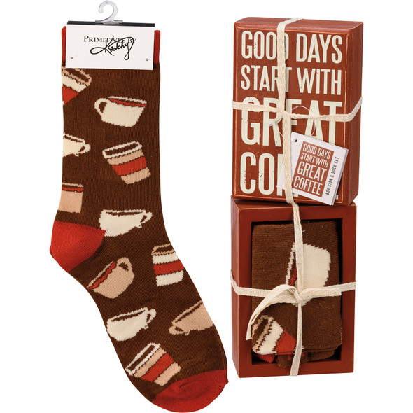 Good Days Start With Great Coffee Decorative Box Sign & Colorfully Printed Sock Gift Set from Primitives by Kathy