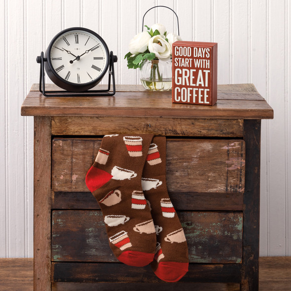 Good Days Start With Great Coffee Decorative Box Sign & Colorfully Printed Sock Gift Set from Primitives by Kathy