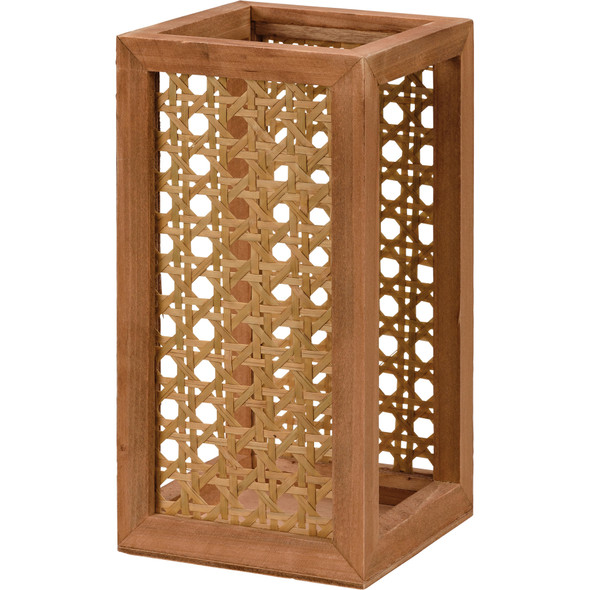 Rattan Lattice Design Wooden Candle Holder 4x8x4 from Primitives by Kathy