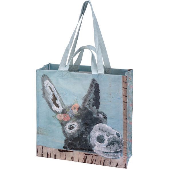 Watercolor Art Donkey With Floral Wreath Headband Market Tote Bag from Primitives by Kathy