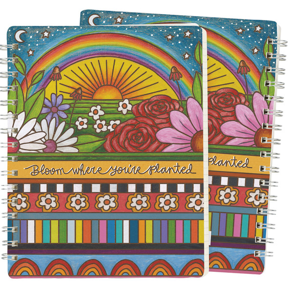 Spiral Notebook - Bloom Where You're Planted Colorful Woodburn Art Sun Flowers & Rainbow from Primitives by Kathy