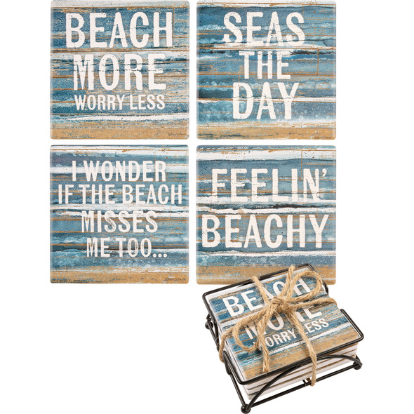 Set of 4 Beach Themed Drink Coasters (Beach More & Seas The Day & Feelin Beachy) from Primitives by Kathy