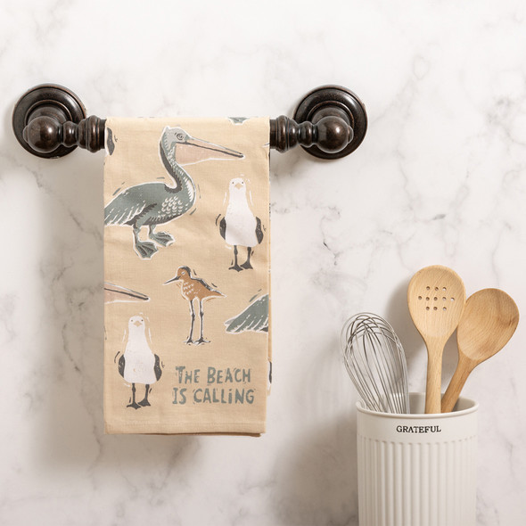 Cotton Kitchen Dish Towel - Stork Pelican & Seagull The Beach Is Calling from Primitives by Kathy