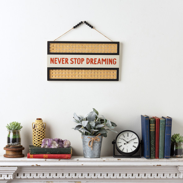 Decorative Hanging Wooden Wall Décor Sign - Never Stop Dreaming - Rattan Background - 14 In x 7.75 In from Primitives by Kathy