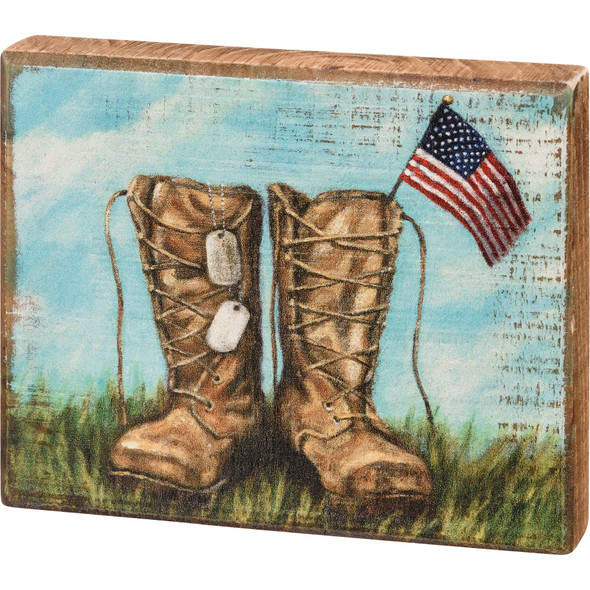 Patriotic Boots & Dog Tags & American Flag Decorative Wooden Block Sign 5.5 Inch from Primitives by Kathy