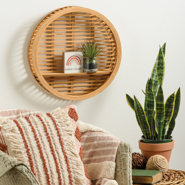 Decorative Round Wooden Wall Shelf - Rattan Basket Design - 17.75 In x 17.75 In x 3.25 In from Primitives by Kathy