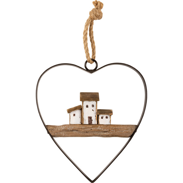 Heart Shaped Rustic Wooden Beach House Design Hanging Metal Ornament 6 Inch from Primitives by Kathy