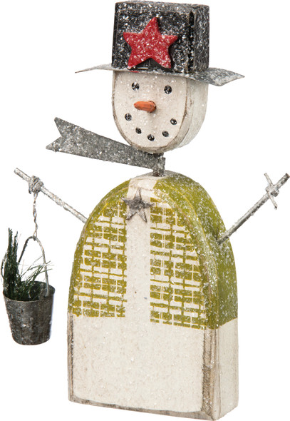 Snowman With Scarf & Bucket Wooden Figurine 6 Inch from Primitives by Kathy