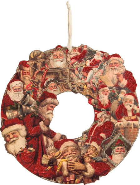 Vintage Themed Santa Collage Decorative Wooden Wreath 16 Inch Diameter from Primitives by Kathy