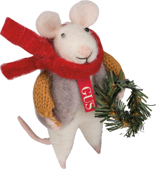 Gus With Wreath & Sweater Felt Mouse Figurine 4.25 Inch from Primitives by Kathy