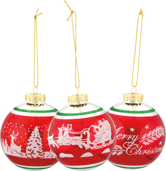 Set of 3 Red & White Hanging Glass Christmas Bulb Oranments -  Santa & Reindeer - 3 Inch Diameter from Primitives by Kathy