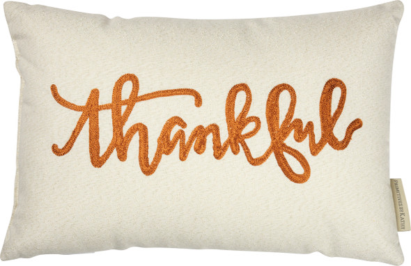 Embroidered Hand Lettered Design Thankful Decorative Cotton Throw Pillow 15x10 from Primitives by Kathy