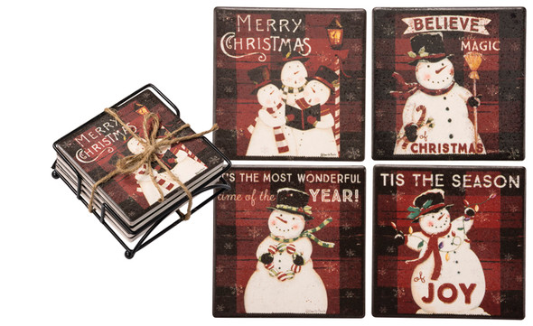 Snowman Christmas Themed Absorbent Stoneware Drink Coaster Set of 4 from Primitives by Kathy