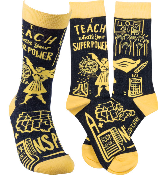 I Teach What's Your Super Power Colorfully Printed Cotton Socks from Primitives by Kathy