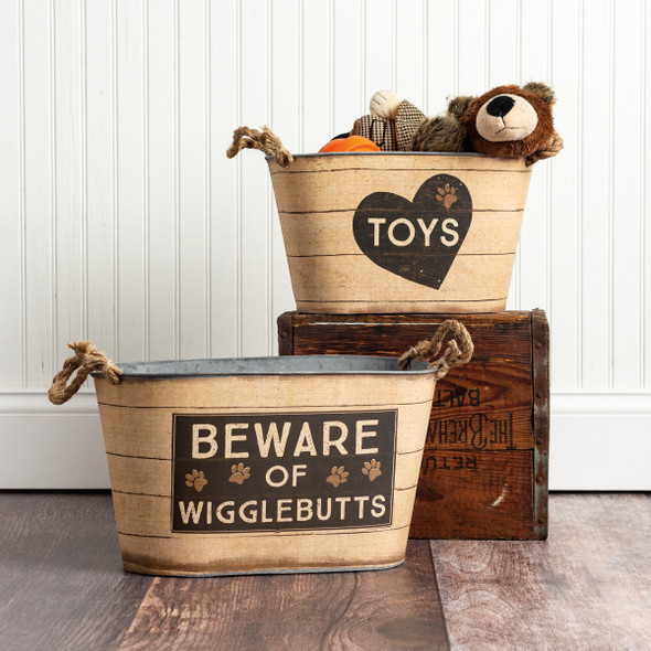 Dog Lover Set of 2 Tin Toy Storage Bins (Toys & Beware of Wigglebutts) from Primitives by Kathy