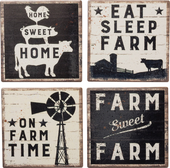 Farmhouse Themed Absorbent Stoneware Drink Coaster Set of 4 from Primitives by Kathy