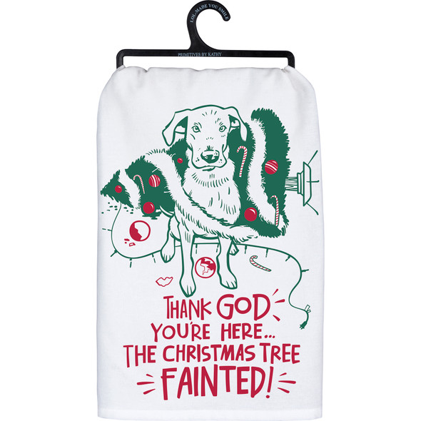 Dog Lover Cotton Kitchen Dish Towel - The Christmas Tree Fainted from Primitives by Kathy