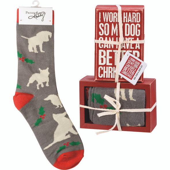 Wooden Box Sign & Socks Gift Set - I Work Hard So My Dog Can Have A Better Christmas from Primitives by Kathy