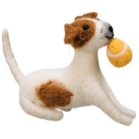Felt Dog With Tennis Ball Figurine 4.75 Inch from Primitives by Kathy