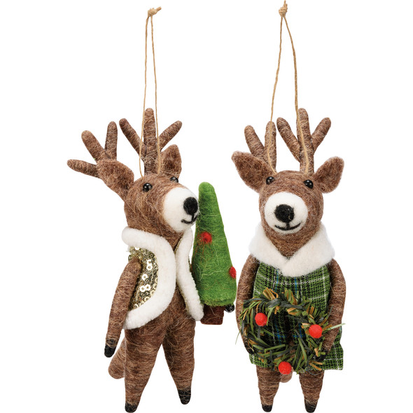 Set of 2 Hanging Felt Deer Figurines - Christmas Tree & Plaid Jackets from Primitives by Kathy