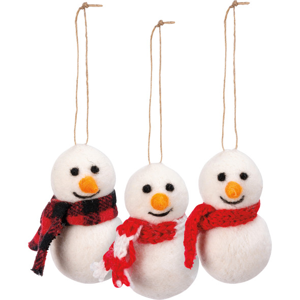 Set of 3 Hanging Felt Snowman Figurines With Colored Scarves from Primitives by Kathy