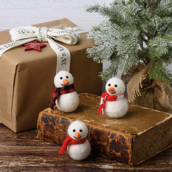 Set of 3 Hanging Felt Snowman Figurines With Colored Scarves from Primitives by Kathy