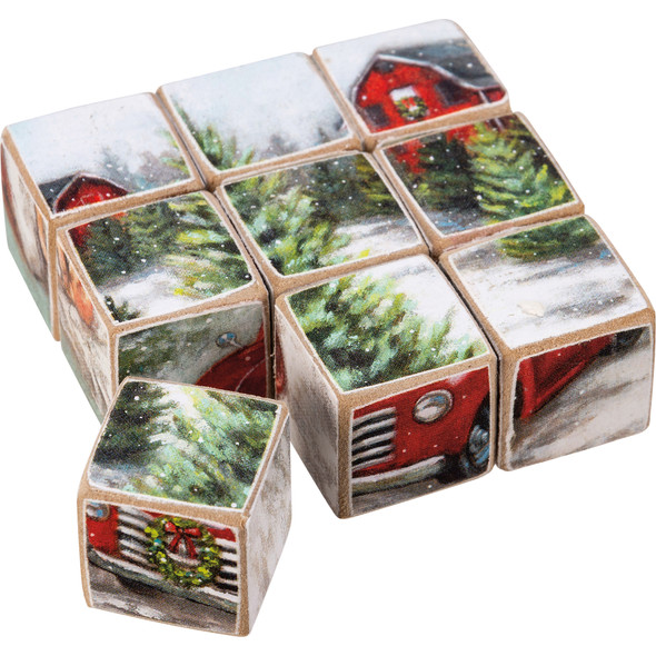 Six-In-One Wooden Block Puzzle - Winter Farm Scene Themed from Primitives by Kathy