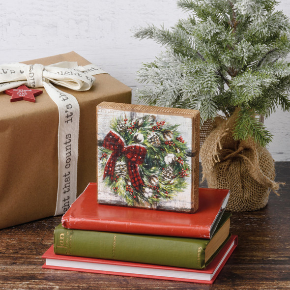 Decorative Wooden Block Sign Decor- Snowy Winter Wreath With Red Plaid Ribbon 5x5 from Primitives by Kathy