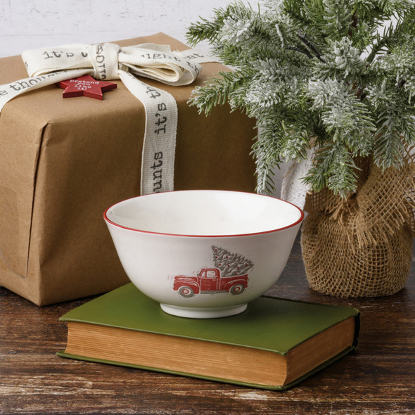 White Stoneware Serving Bowl - Red Pickup Truck Hauling Christmas Tree - 5 Inch Diameter from Primitives by Kathy