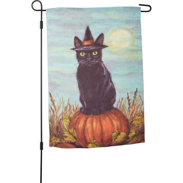 Polyester Garden Flag - Black Cat On A Pumpkin Wearing Witch Hat from Primitives by Kathy