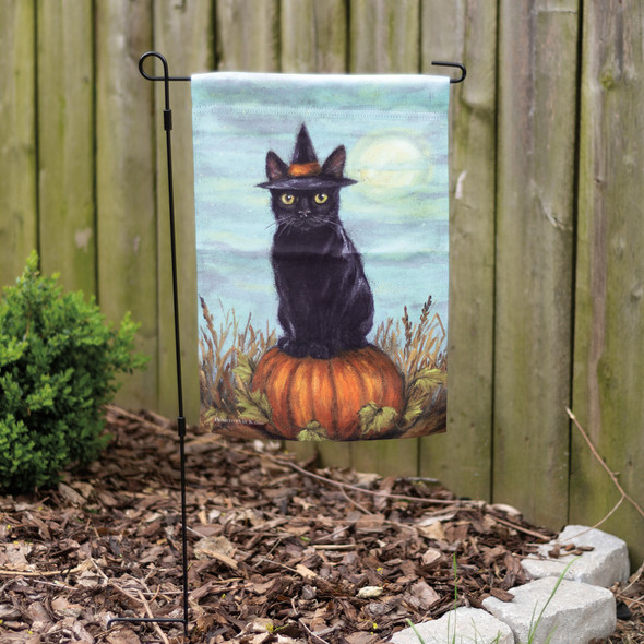 Polyester Garden Flag - Black Cat On A Pumpkin Wearing Witch Hat from Primitives by Kathy