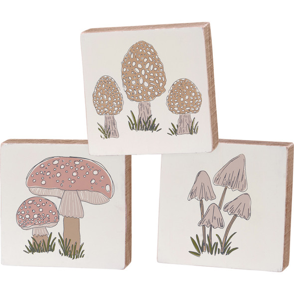Set of 3 Decorative Wooden Block Signs - Mushrooms Print Design from Primitives by Kathy