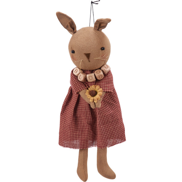 Classic Primitive Rabbit Doll - Bloom Bunny With Plaid Dress & Wooden Bead Necklace 5 Inch from Primitives by Kathy