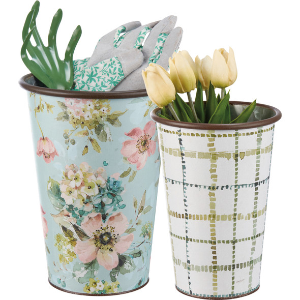 Set of 2 Decorative Metal Buckets - Pastel Floral Design & Plaid from Primitives by Kathy