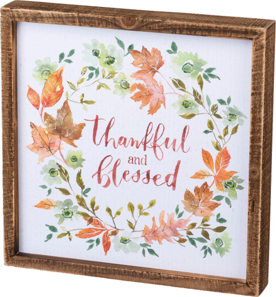 Floral & Leaf Wreath Thankful And Blessed Decorative Inset Wooden Box Sign 12x12 from Primitives by Kathy