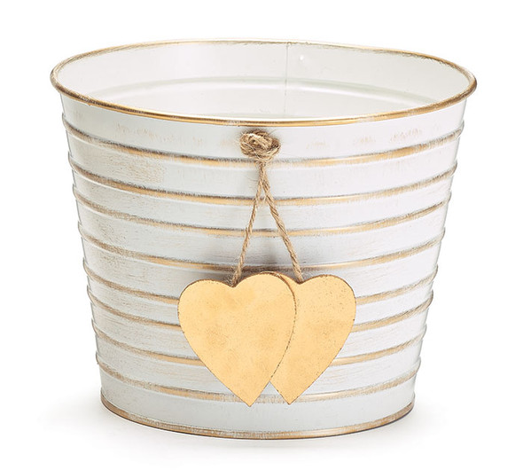 6 Inch Tin Pot Cover with Raised Gold Stripe and Double Heart Wood Dangle - Includes PVC Liner from Burton & Burton