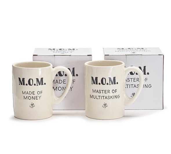 Set of 2 M.O.M. Acronym Ceramic Coffee Mugs (Made of Money & Master of Multitasking)
