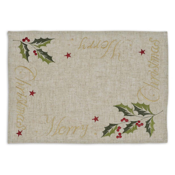 Merry Christmas Holly Accent Embroidered Table Placemat 13x19 from Design Imports