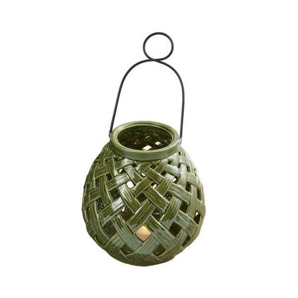 Green Bamboo Lattice Small Ceramic Lantern With Handle 7 Inch from Design Imports