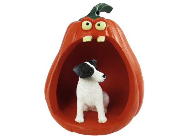Dog Lover Hand-painted Figurine - Jack Russell Terrier Black & White W/rough Coat Halloween Statue And Spooky Pumpkin From Conversation Concepts