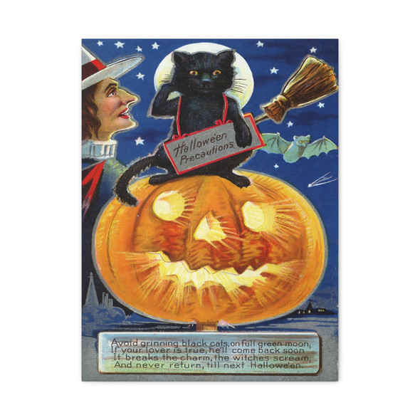 Moonlit Mischief: Vintage Halloween Postcard, Spooky Black Cat Folklore - Unframed Canvas Wall Art Decor