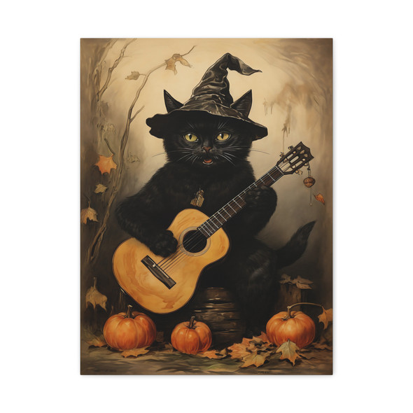 Midnight Serenade: Halloween Cat Musician, Watercolor Autumn Folklore - Unframed Canvas Wall Art Decor