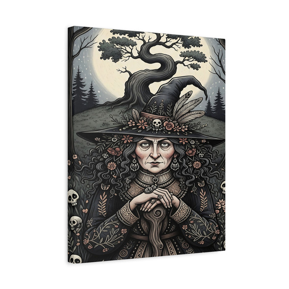 Witch of the Moonlit Forest: Gothic Mystical Portrait, Dark Fantasy Feminine Power - Unframed Canvas Wall Art Decor