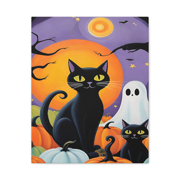 Midnight Pumpkin Prowl: Halloween Cat Illustration, Spooky Seasonal Art - Unframed Canvas Wall Art Decor