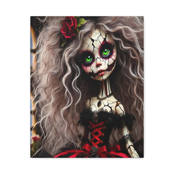 Spectral Bloom: Gothic Porcelain Doll, Day of the Dead Aesthetic - Unframed Canvas Wall Art Decor