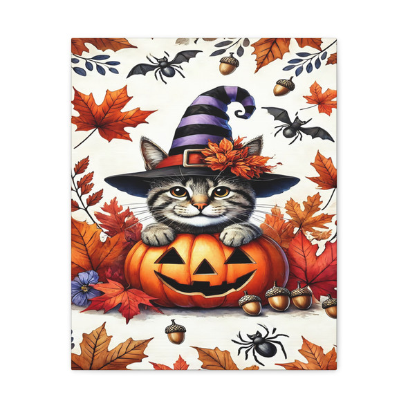 Witching Hour Magic: Halloween Tabby Cat Illustration, Autumn Seasonal Art - Unframed Canvas Wall Art Decor