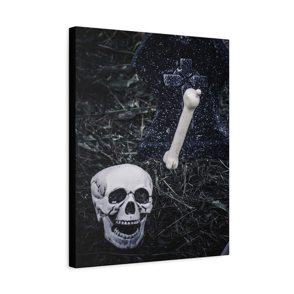 Whispers from the Graveyard: Gothic Halloween Skull Composition, Monochrome Mortality Art - Unframed Canvas Wall Art Decor
