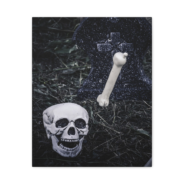 Whispers from the Graveyard: Gothic Halloween Skull Composition, Monochrome Mortality Art - Unframed Canvas Wall Art Decor