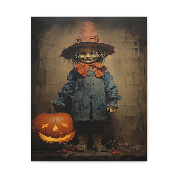 Haunting Harvest: Halloween Doll's Nightmare, Spooky Seasonal Illustration - Unframed Canvas Wall Art Decor