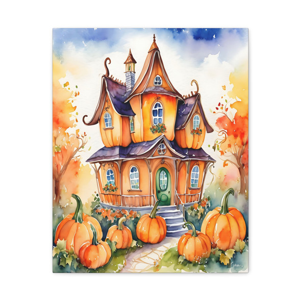 Pumpkin House: Autumn Watercolor Wonderland, Halloween Whimsy Illustration - Unframed Canvas Wall Art Decor